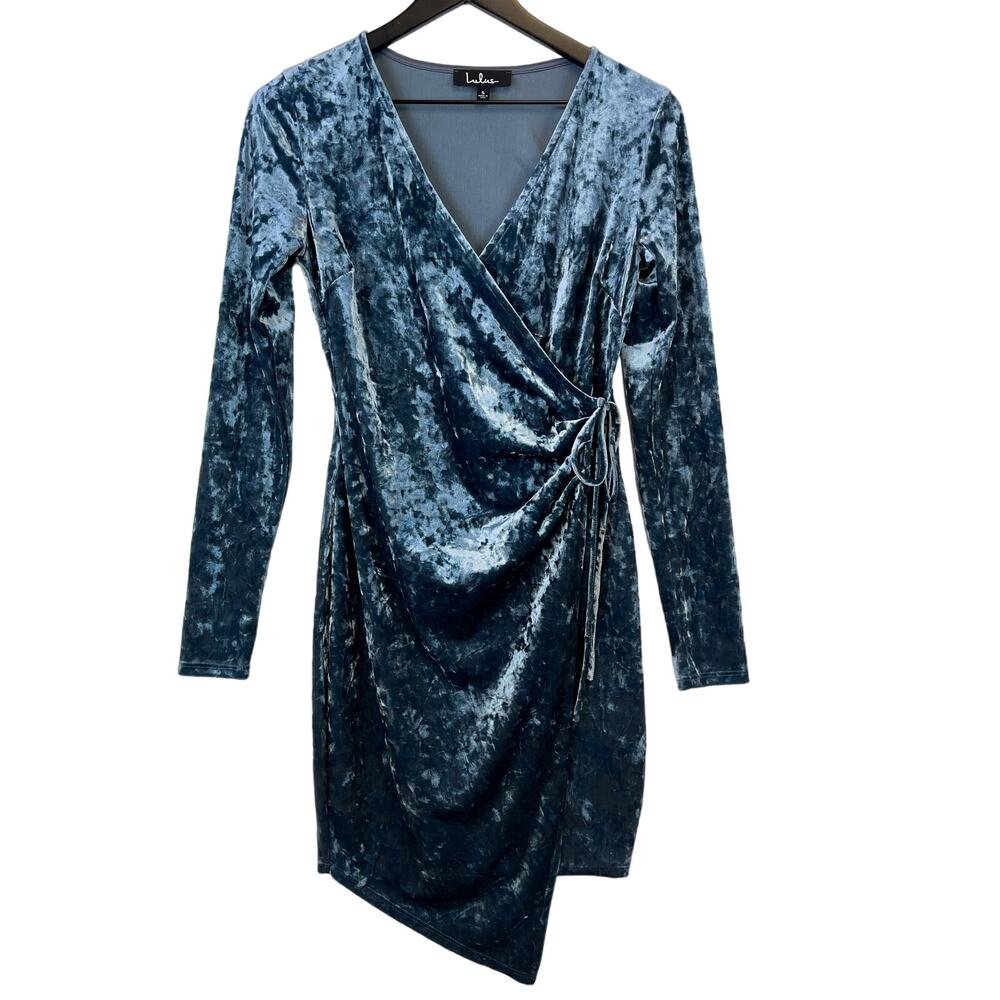 Lulus Size S Velvet V-Neck Wrap Pencil Mini Dress Blue Stretch